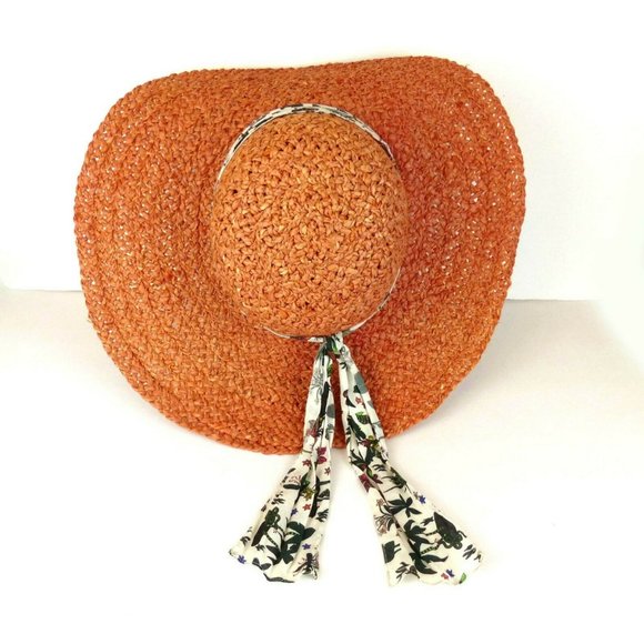 Paul Smith Women Coral Raffia Straw Sun Hat Floppy Wide Brim Silk Band Sz L Pool - Picture 8 of 12